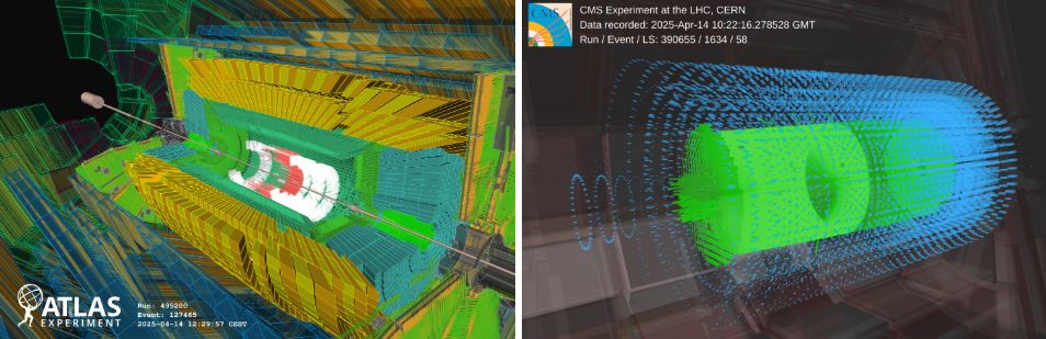 Evénements de type ‘splash’ (interaction du faisceau avec les collimateurs situés de part de d’autres des cavernes) dans Atlas et CMS. Crédit Expériences Atlas et CMS
