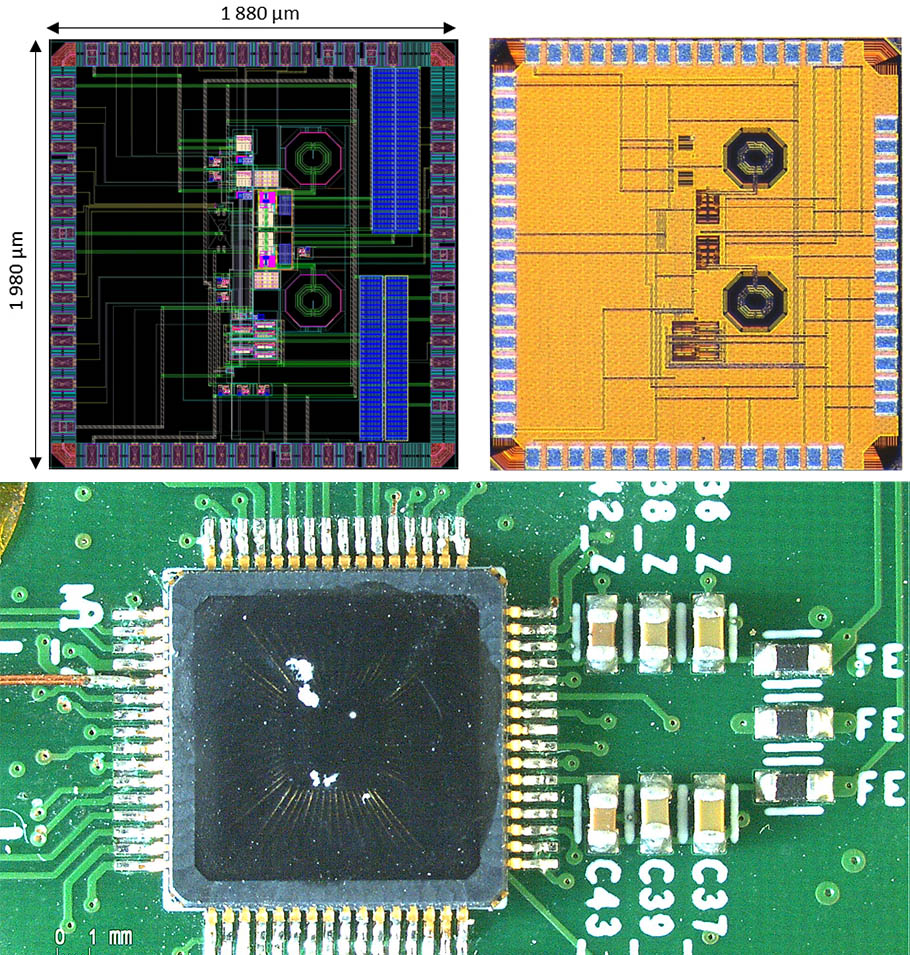 Vu de la puce sous forme de masques lors de sa conception, une fois fabriquée (en jaune) et en cours de test sur une carte électronique (en bas)