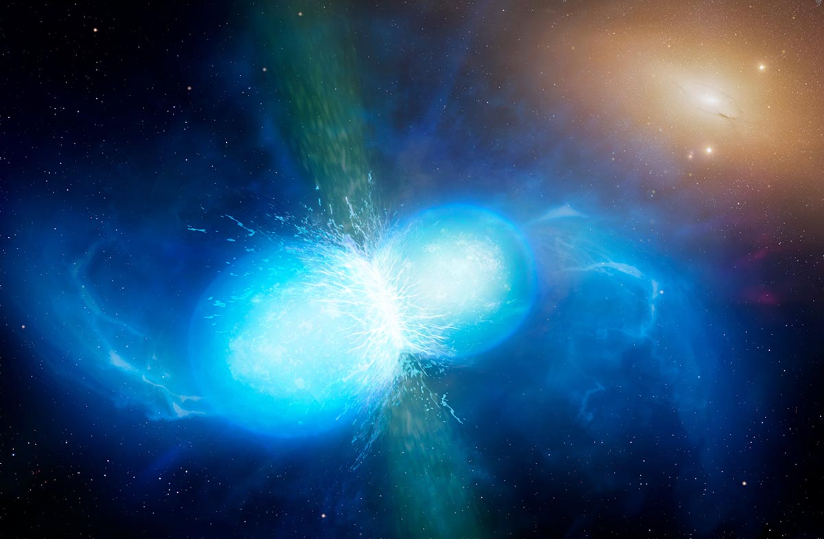 vue d'artiste d'une fusion de 2 étoiles à neutrons
