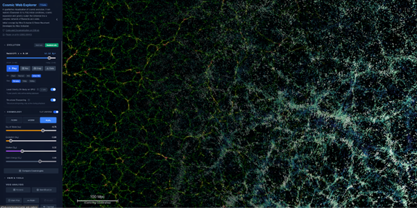 Outil de visualisation Cosmic Web Explorer de la structuration de la matière et des vides cosmiques développé avec le l’intelligence artificielle par des scientifiques du CPPM, du LPNHE et de l’Université d’Arizona [lien vers l’article]. A gauche, l’utilisateur peut faire varier les paramètres cosmologiques et le redshift pour simuler l'évolution de la structuration de la matière. Ici, le modèle choisi correspond au modèle d'énergie noire dynamique privilégiée par la combinaison des données de DESI DR2 BAO, du fond diffus cosmologique et des supernovae de type Ia. A droite, une tranche des données réelles collectées par DESI pendant cinq ans est montrée à titre de comparaison. Crédit : Nico Schuster, Claire Lamman & Pauline Zarrouk / DESI collaboration