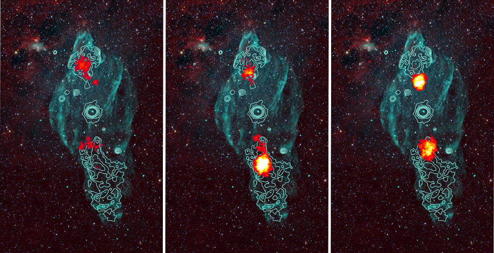 Images composites de SS 433 montrant trois gammes d’énergie de rayons gamma différentes