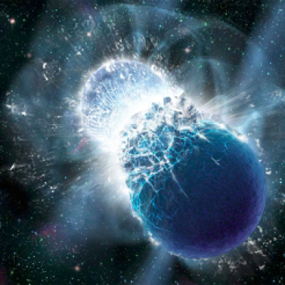 Illustration d'artiste de la fin de vie d'un couple d'étoiles à neutrons qui entrent en collision.