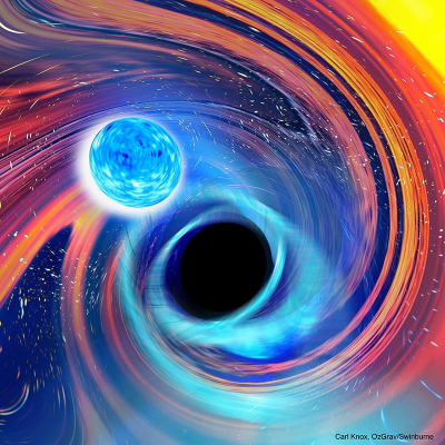 Vue d'artiste de la fusion d'une étoile à neutron avec un trou noir